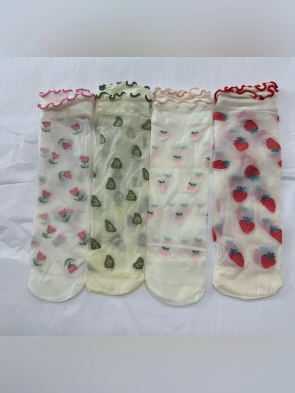 NWOT Cutecore Sheer Fruit Ruffle Socks 4 Pair Tulip Strawberry Peach Avocado
